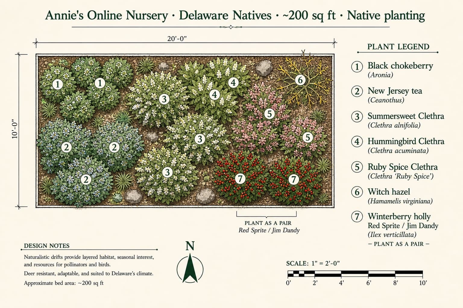 Delaware Natives planting blueprint with labeled plant placements