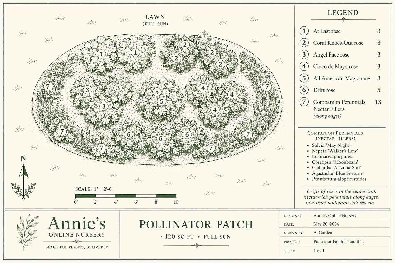 Pollinator Patch planting blueprint with labeled plant placements